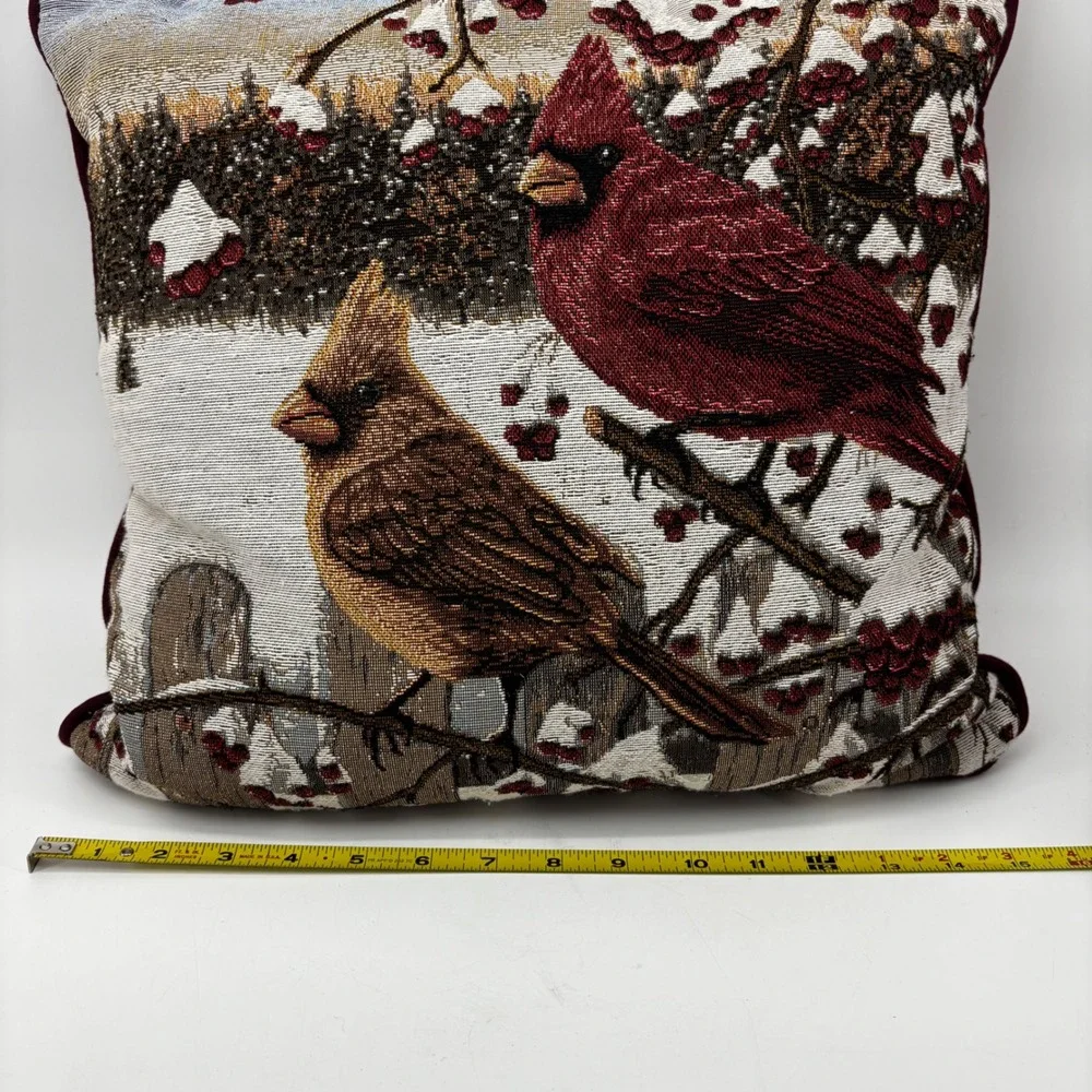 Winter Cardinal Woven Tapestry Throw Pillow Red Bird Holiday Decor 12.5x12.5